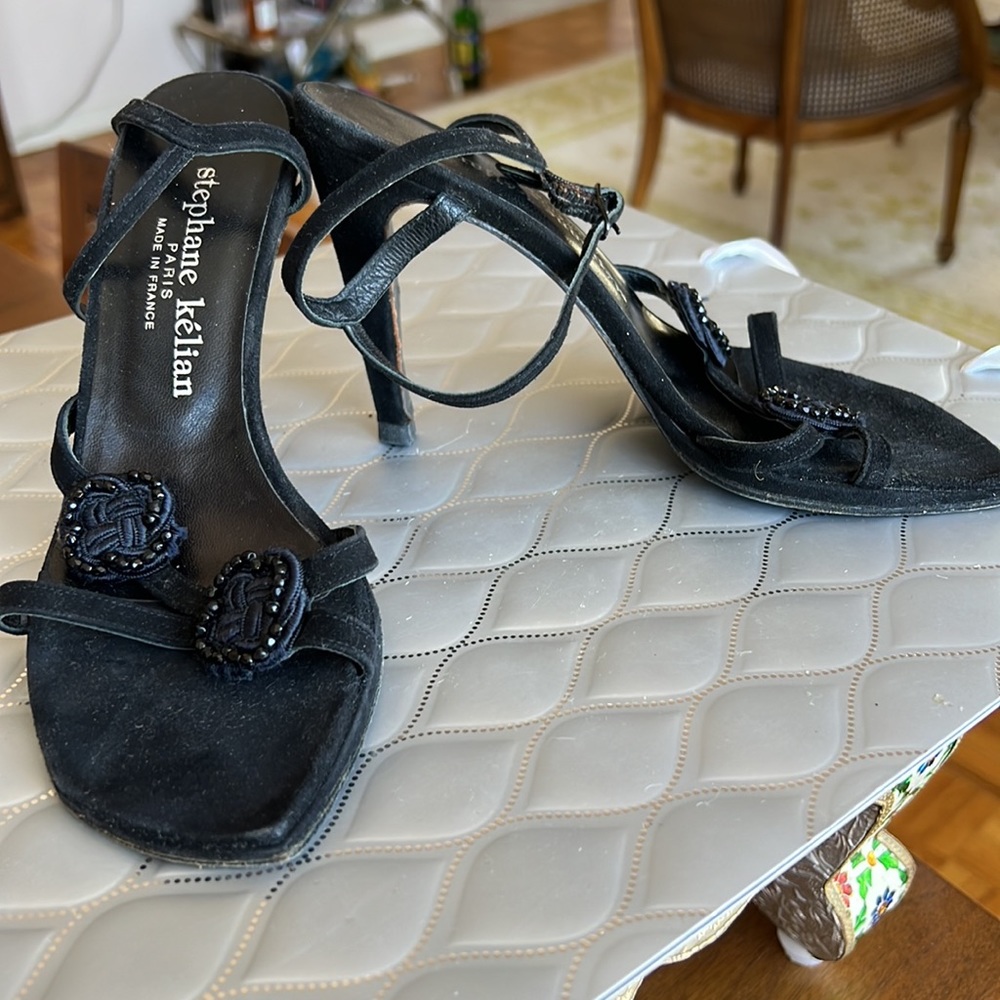 Stephane Kelian Paris Blk Suede Jewelled Sandals 37.5 EUC